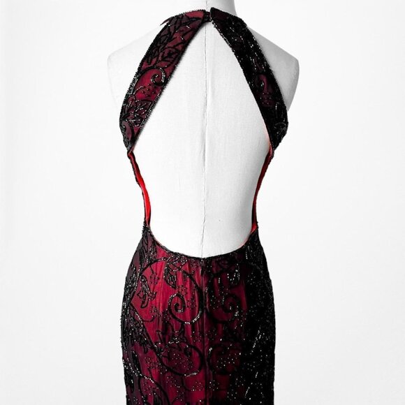 Vintage Burgundy Red Floral Beaded Silk Bodycon Maxi Formal Prom Dress Size S/M - Picture 7 of 8